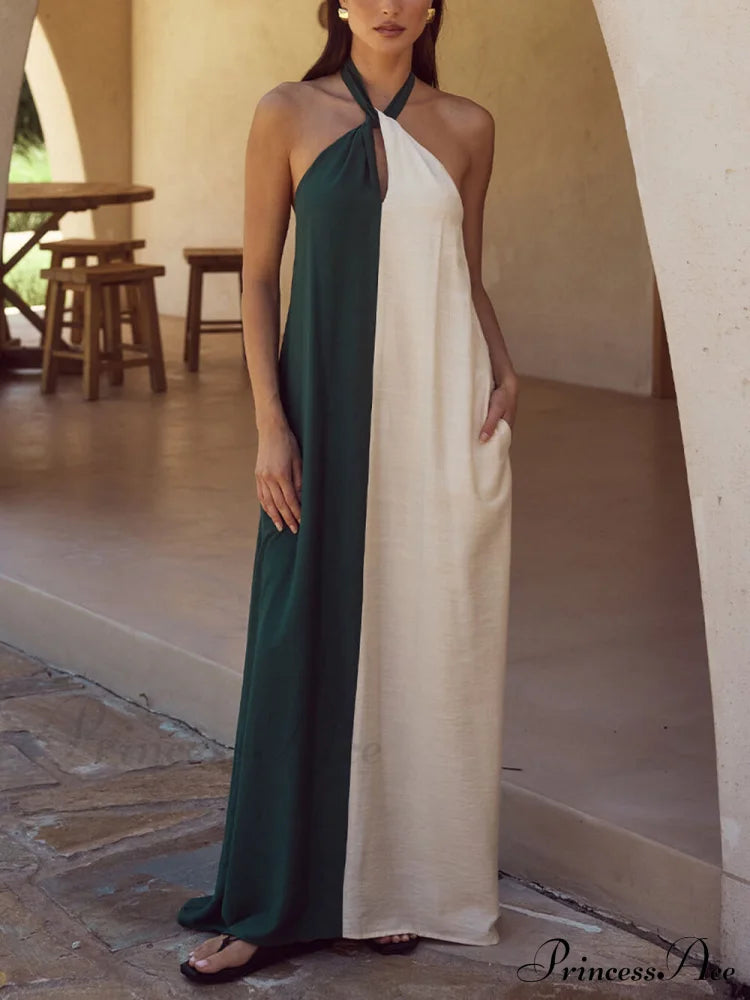 Hanging Neck Bold Contrast Color Halter Pocketed A-line Maxi Dress