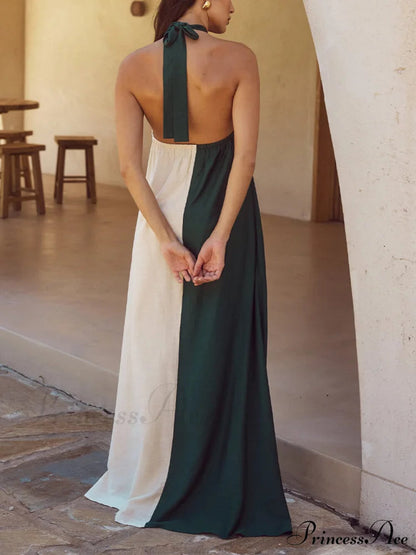 Hanging Neck Bold Contrast Color Halter Pocketed A-line Maxi Dress