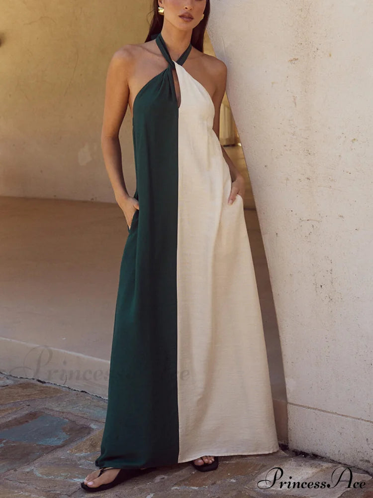 Hanging Neck Bold Contrast Color Halter Pocketed A-line Maxi Dress