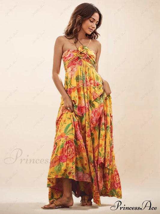 Hanging Neck Printed Graceful Design Backless Straight Maxi Dress