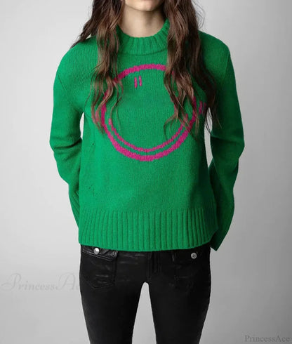 Happy Face Round Neck Wool Knitted Green Christmas Sweater