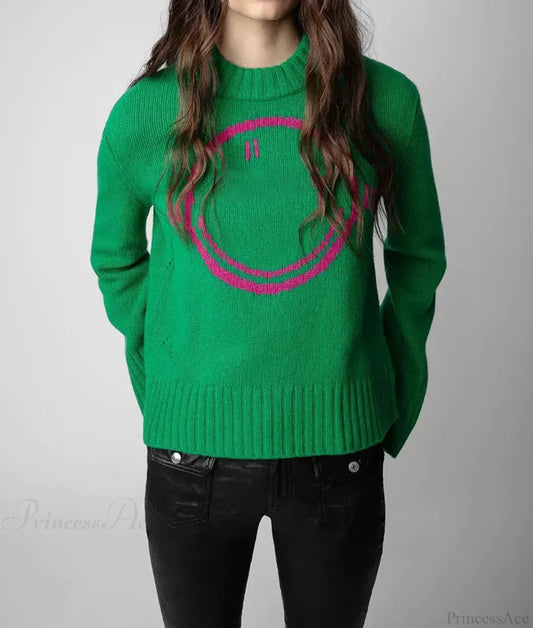 Happy Face Round Neck Wool Knitted Green Christmas Sweater