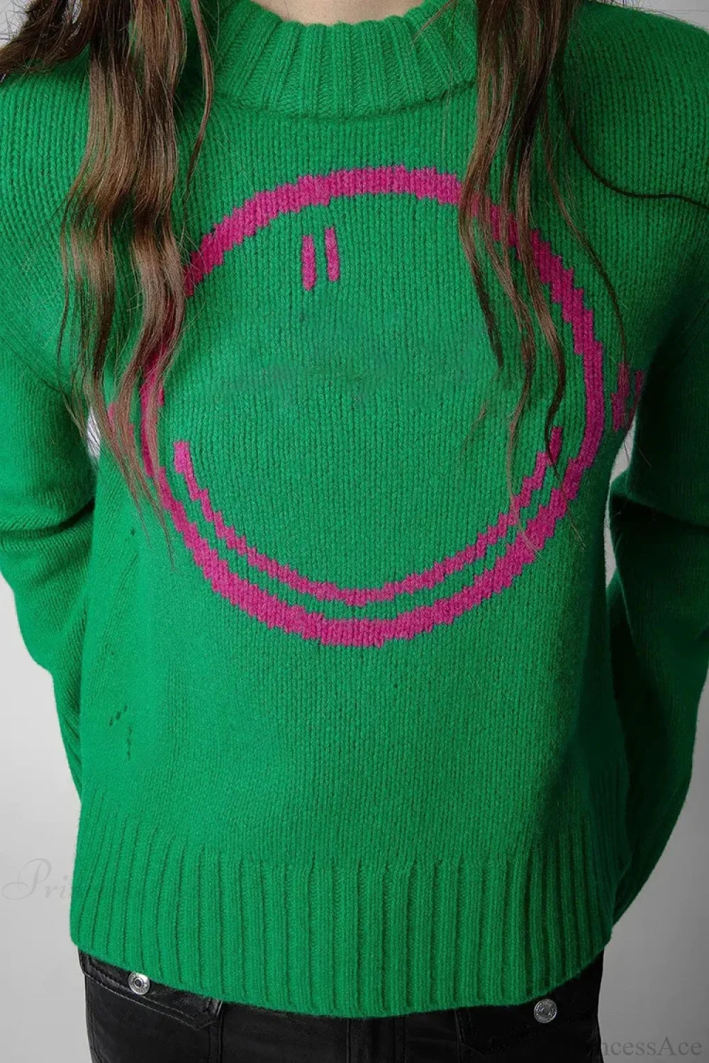 Happy Face Round Neck Wool Knitted Green Christmas Sweater