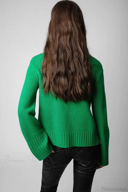 Happy Face Round Neck Wool Knitted Green Christmas Sweater