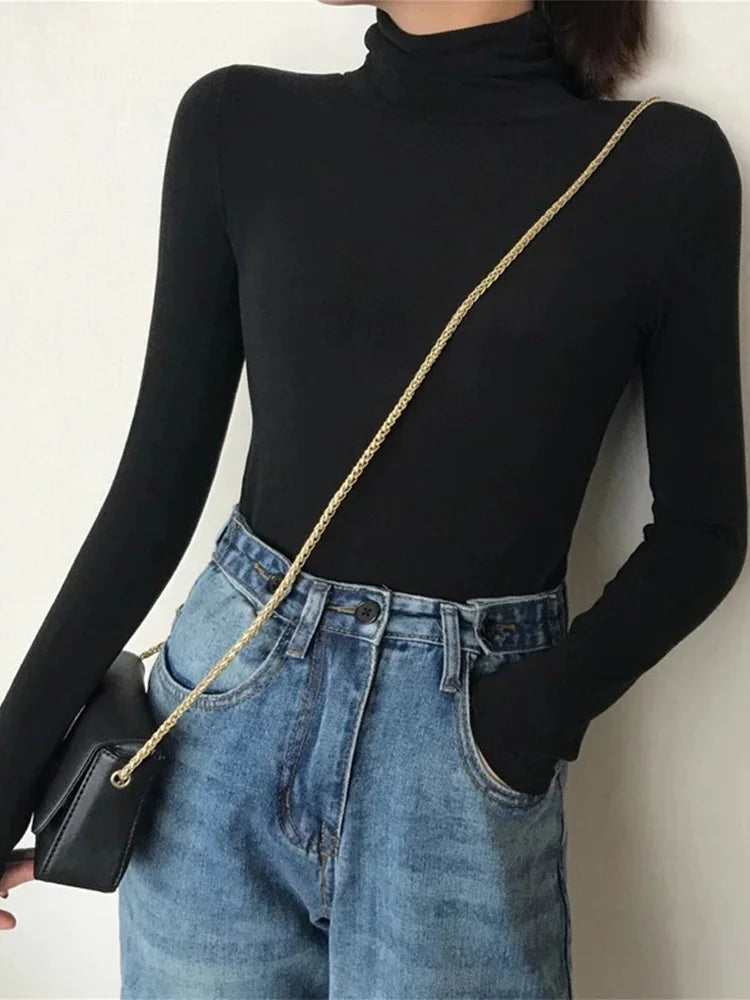 Harajuku Black White Turtleneck Female T-shirts Autumn Long Sleeve T Shirt Slim Basic Tee Top