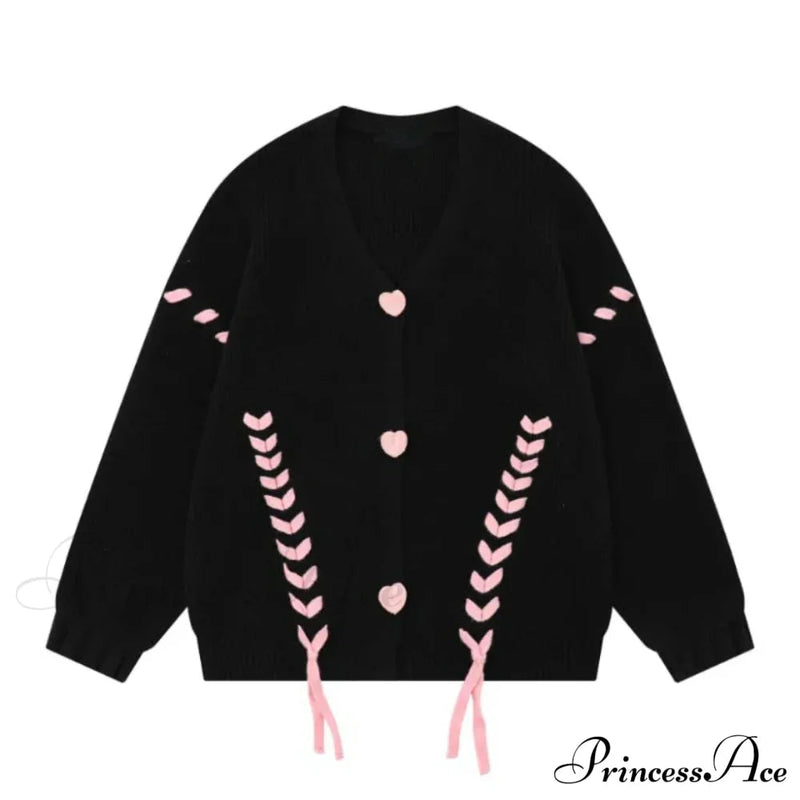 Heart Buttons Ribbion Charming Lace Up Cardigan