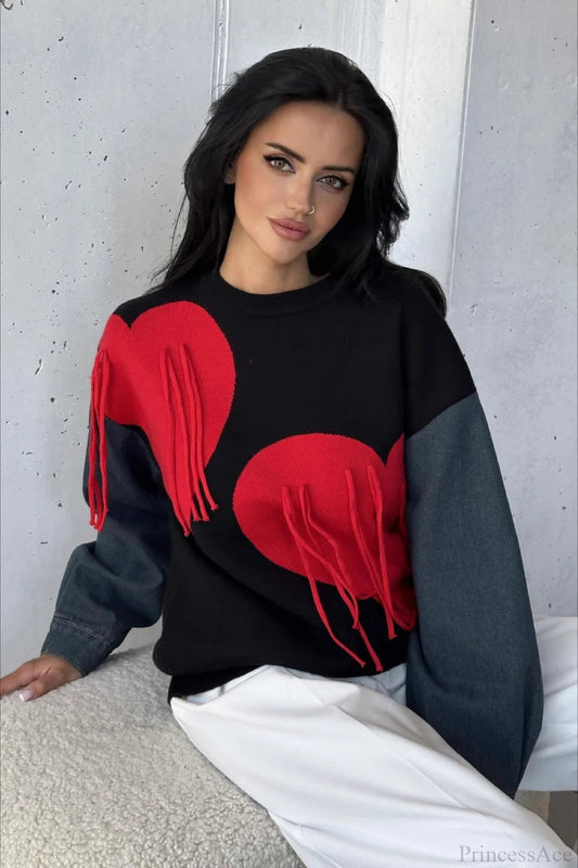 Heart Fringe Loose Knit Sweater