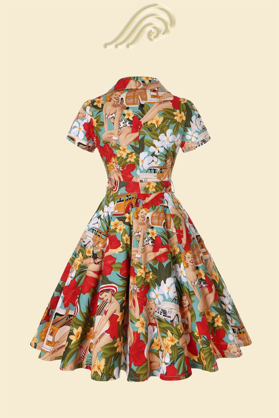 Helma Retro Printed Belted Cotton Shirt Midi Dress