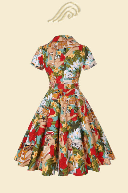 Helma Retro Printed Belted Cotton Shirt Midi Dress
