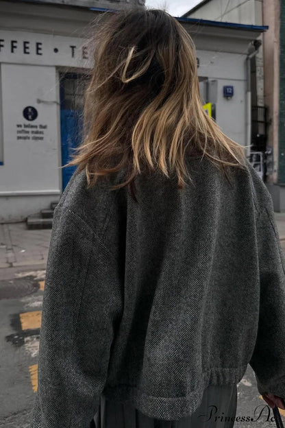 Herringbone Stand Collar Zip Pocket Coat