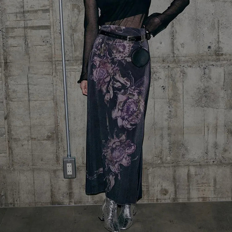 Heyoungirl Purple Print Slit Autumn Skirt