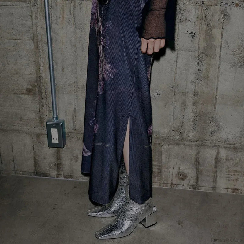 Heyoungirl Purple Print Slit Autumn Skirt