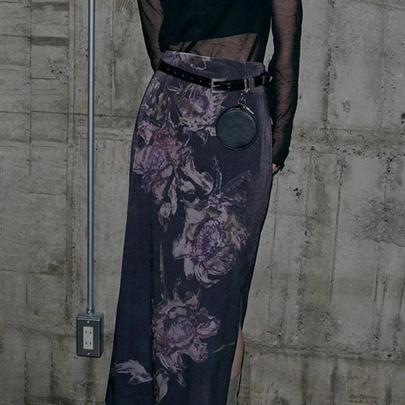 Heyoungirl Purple Print Slit Autumn Skirt