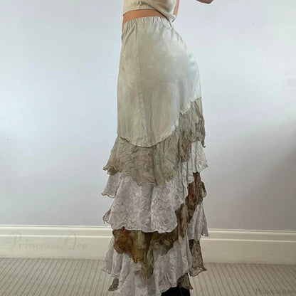 Heyoungirl Y2k Aesthetic Lace Tiered Irregular Skirt Mori Girl