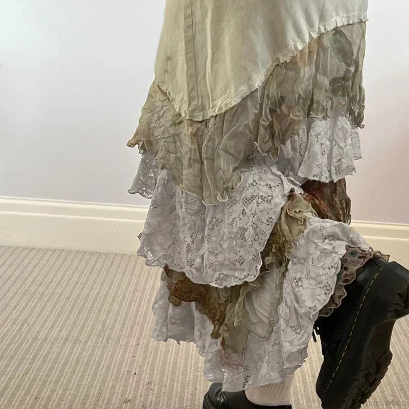 Heyoungirl Y2k Aesthetic Lace Tiered Irregular Skirt Mori Girl
