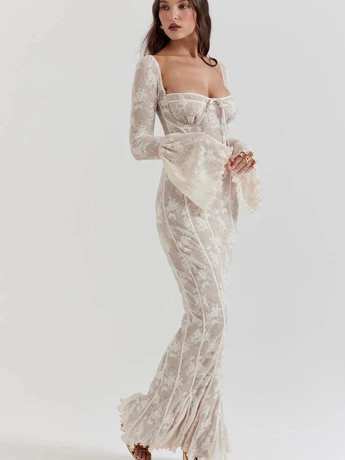 Sweetheart Neck Bell Sleeves Lace Maxi Dress