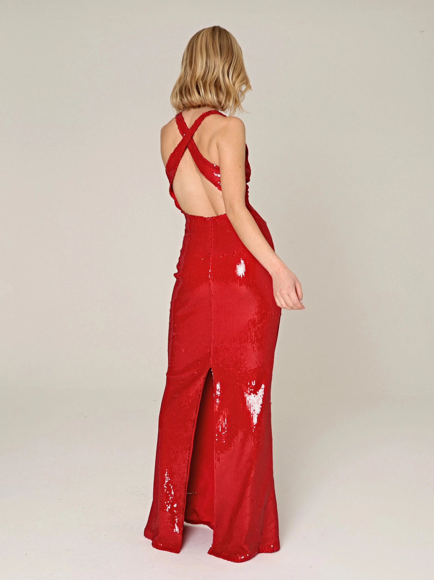 Applique Rose Sequin Backless Maxi Dress