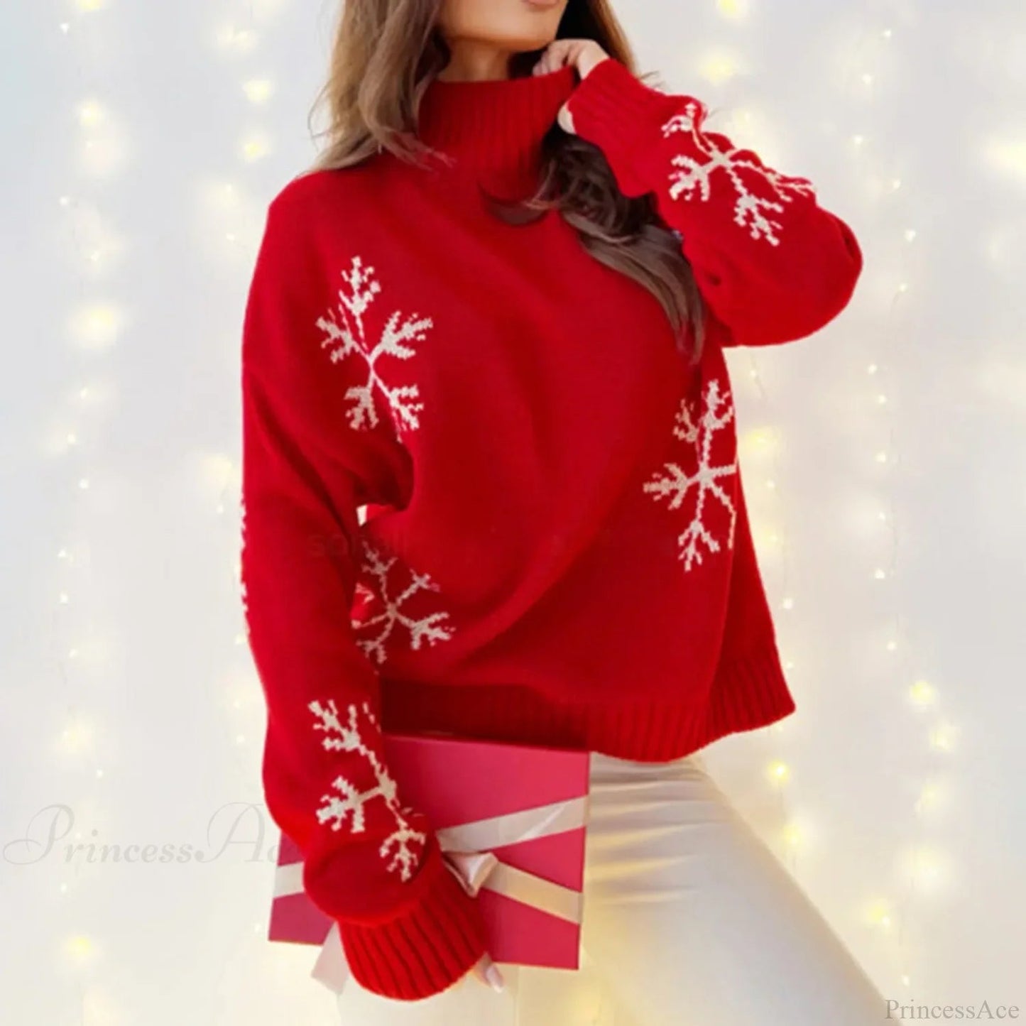 High Collar Snowflake Print Loose Fit Long Sleeve Knit Christmas Sweater