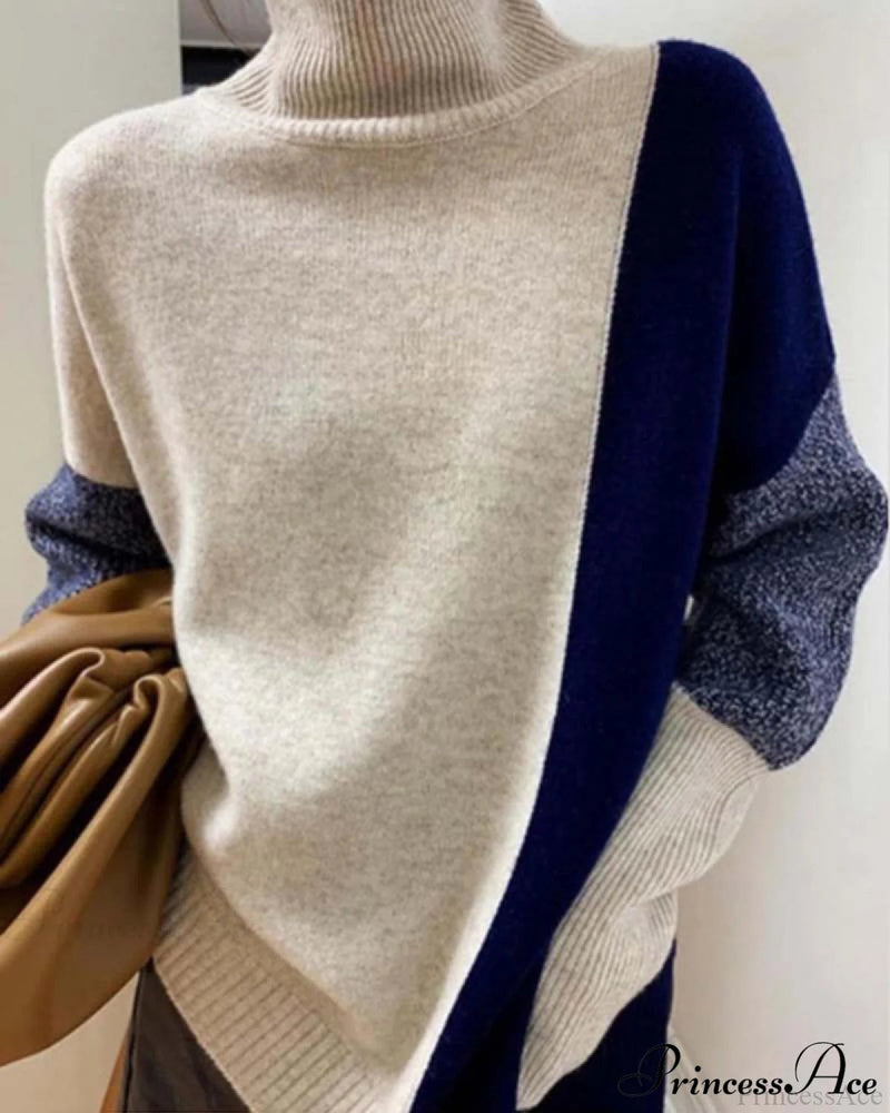 High Neck Loose Oversized Color Block Wool Sweater