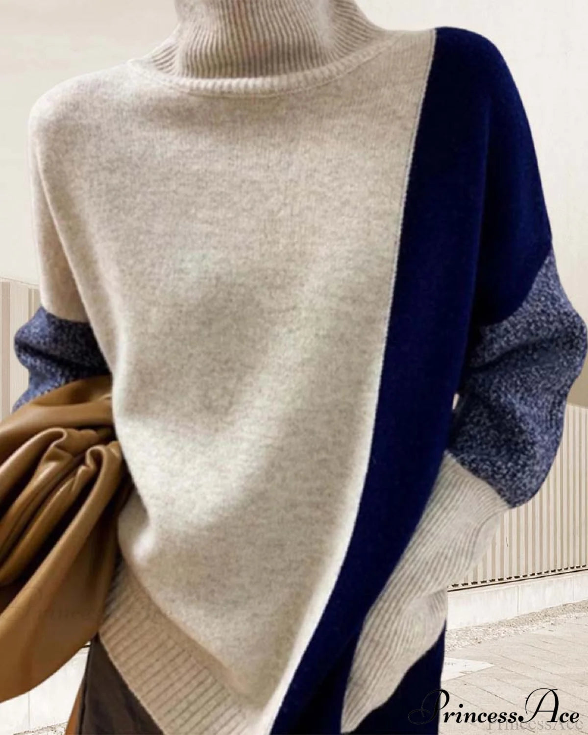 High Neck Loose Oversized Color Block Wool Sweater