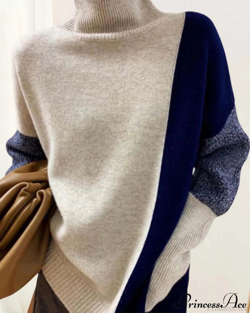 High Neck Loose Oversized Color Block Wool Sweater
