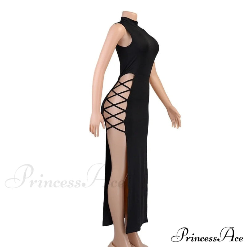 High Neck Sleeveless Charming Side Tie-up Midi Dress