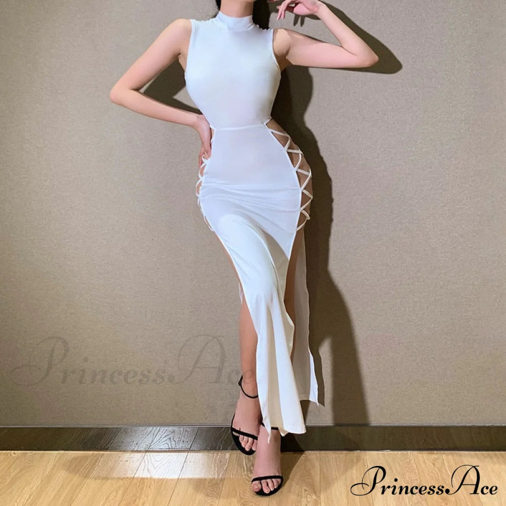 High Neck Sleeveless Charming Side Tie-up Midi Dress