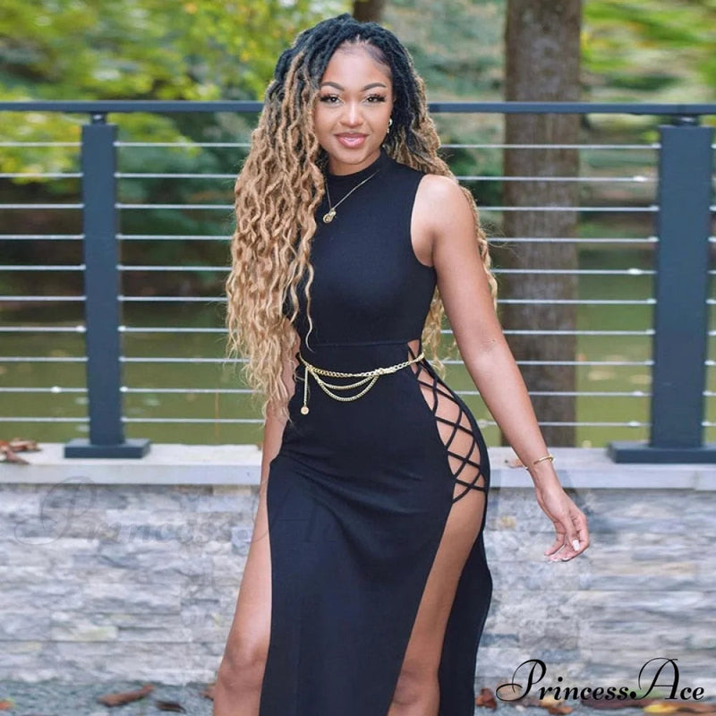 High Neck Sleeveless Charming Side Tie-up Midi Dress