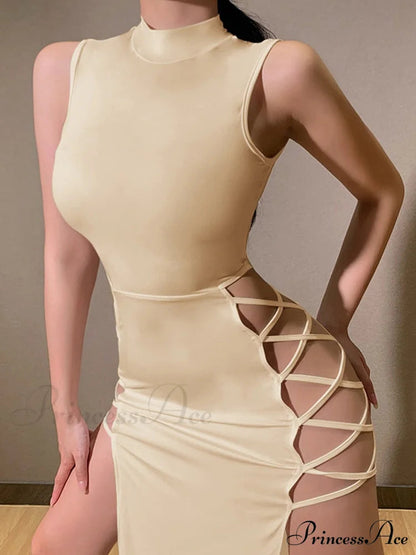 High Neck Sleeveless Charming Side Tie-up Midi Dress