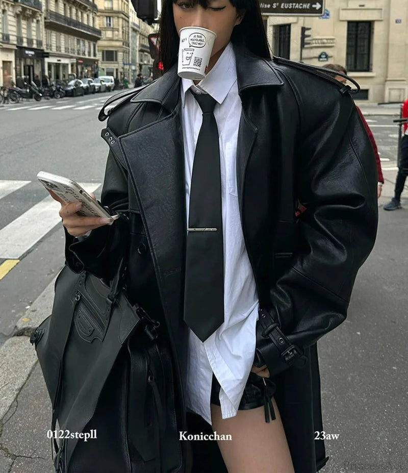 High Slit Black Pu Leather Overcoat