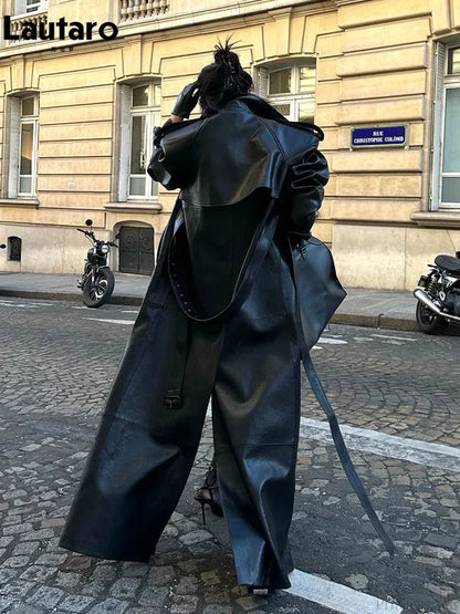 High Slit Black Pu Leather Overcoat