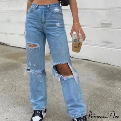 High Straight Leg Baggy Waist Pants High Jeans Ripped Boyfriend Trousers