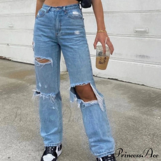 High Straight Leg Baggy Waist Pants High Jeans Ripped Boyfriend Trousers