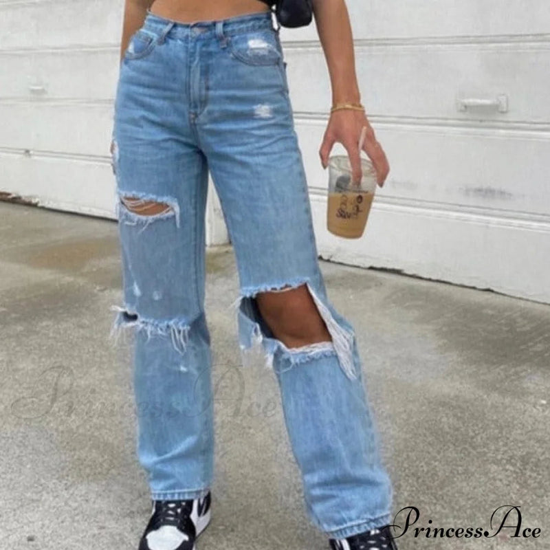 High Straight Leg Baggy Waist Pants High Jeans Ripped Boyfriend Trousers