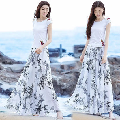 High Waist Elastic Waist Midi Full Long Skirt