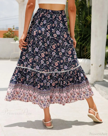 High Waist Beach Skirt A-line Ruffled Lace Holiday Maxi