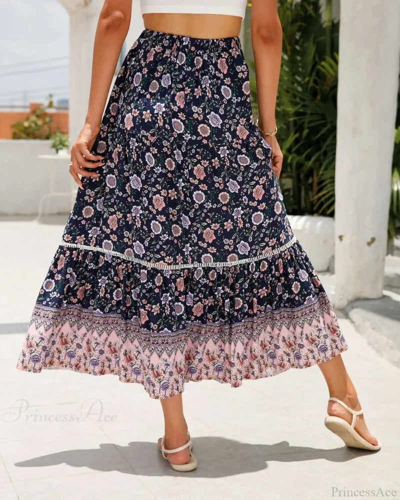 High Waist Beach Skirt A-line Ruffled Lace Holiday Maxi