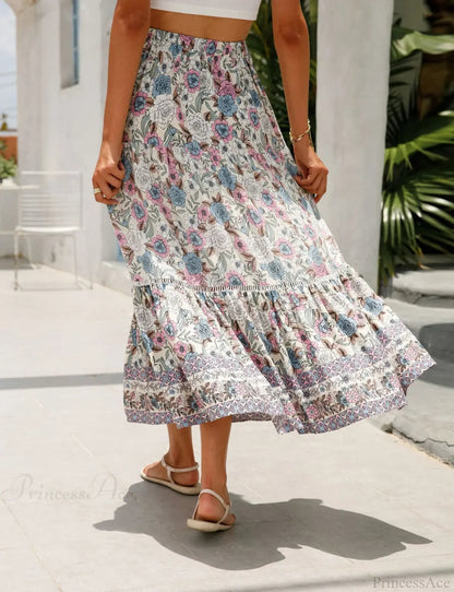 High Waist Beach Skirt A-line Ruffled Lace Holiday Maxi