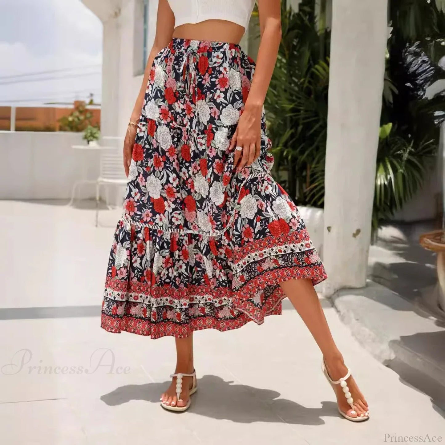 High Waist Beach Skirt A-line Ruffled Lace Holiday Maxi