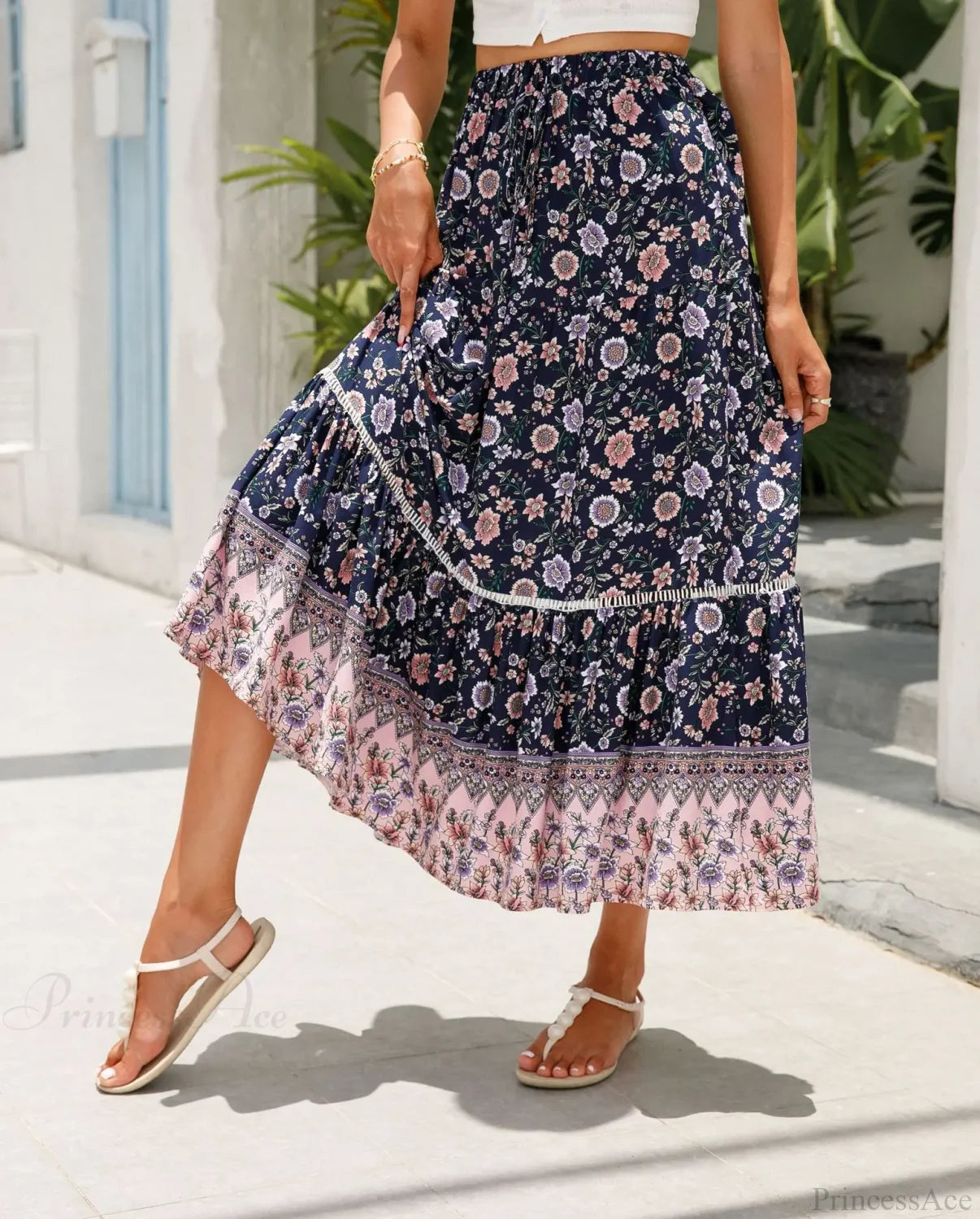 High Waist Beach Skirt A-line Ruffled Lace Holiday Maxi
