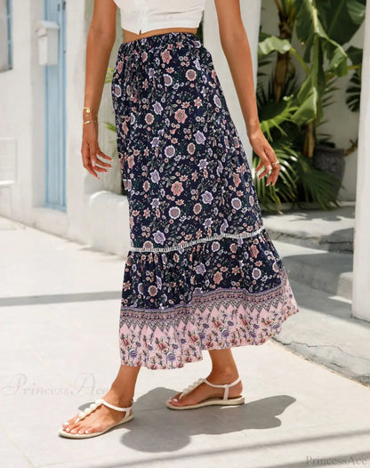 High Waist Beach Skirt A-line Ruffled Lace Holiday Maxi