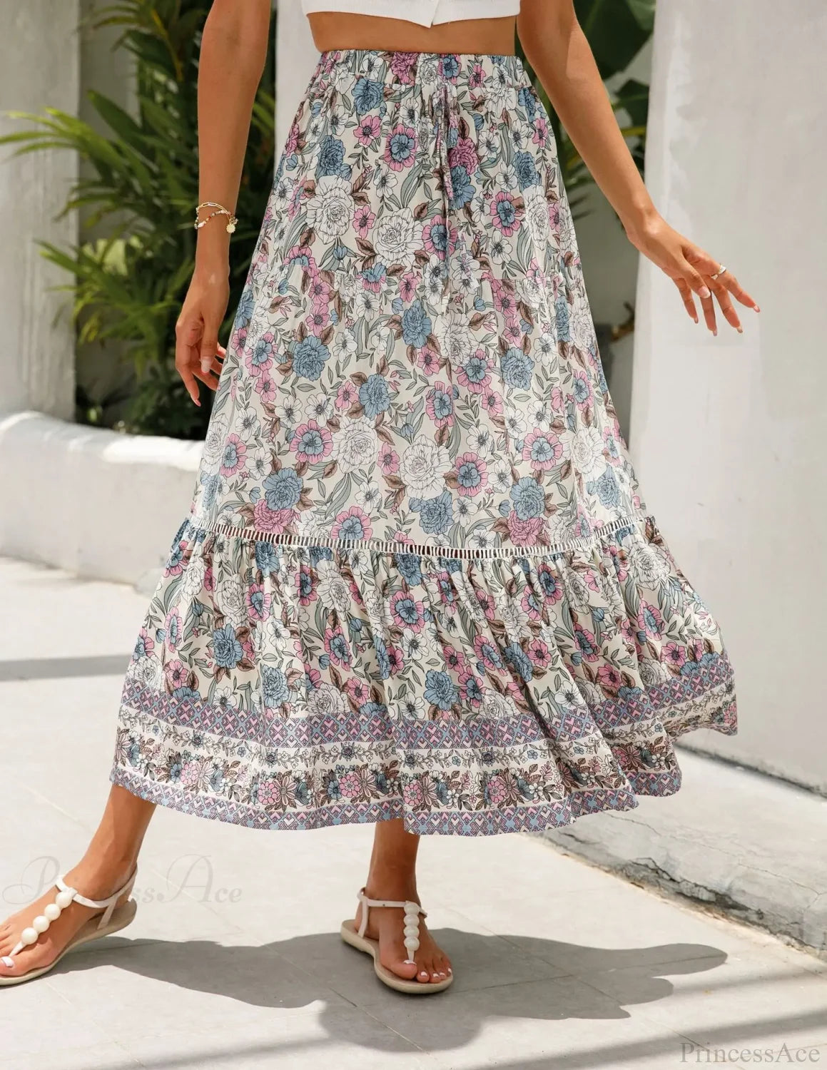 High Waist Beach Skirt A-line Ruffled Lace Holiday Maxi