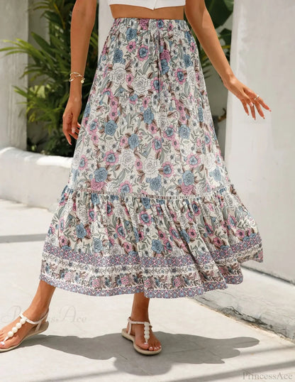 High Waist Beach Skirt A-line Ruffled Lace Holiday Maxi