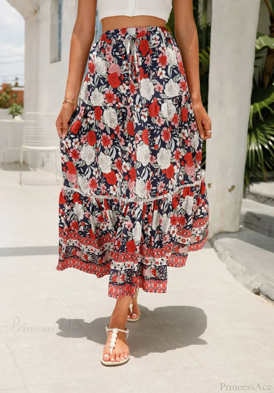 High Waist Beach Skirt A-line Ruffled Lace Holiday Maxi