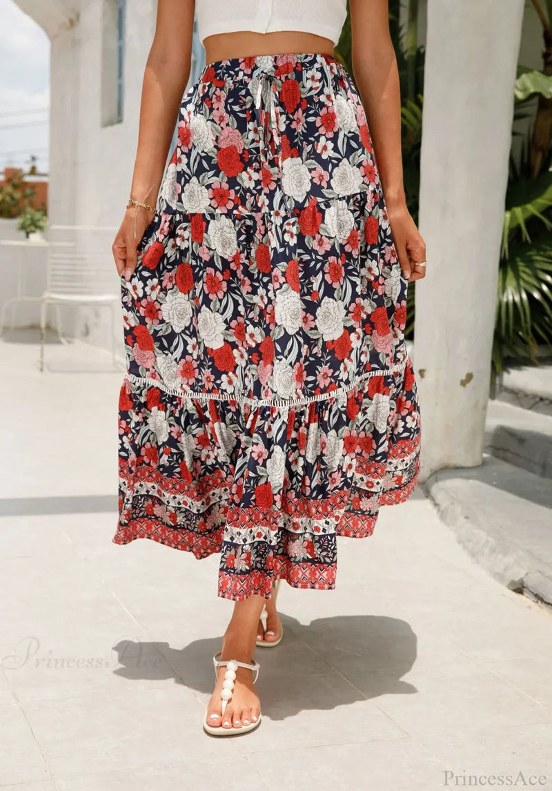 High Waist Beach Skirt A-line Ruffled Lace Holiday Maxi