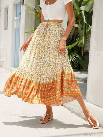 High Waist Beach Skirt A-line Ruffled Lace Holiday Maxi