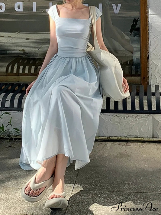 High Waist Hollow Square Neck Knitted Long Dress for Summer