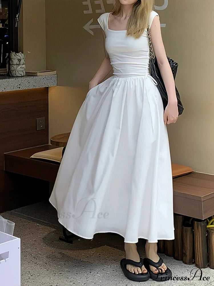 High Waist Hollow Square Neck Knitted Long Dress for Summer