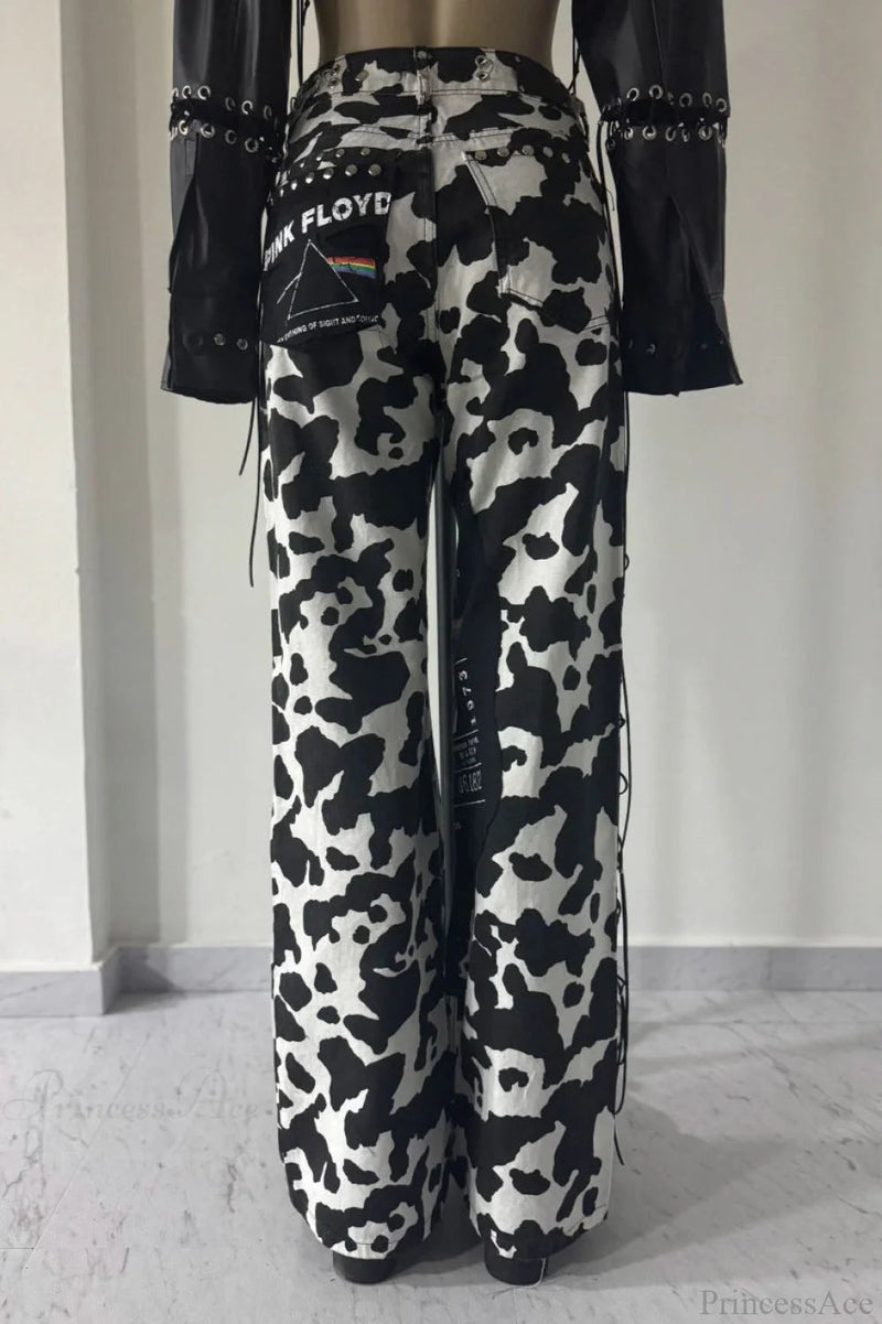High Waist Slim Milk Print Tassel Rivet Denim Pants