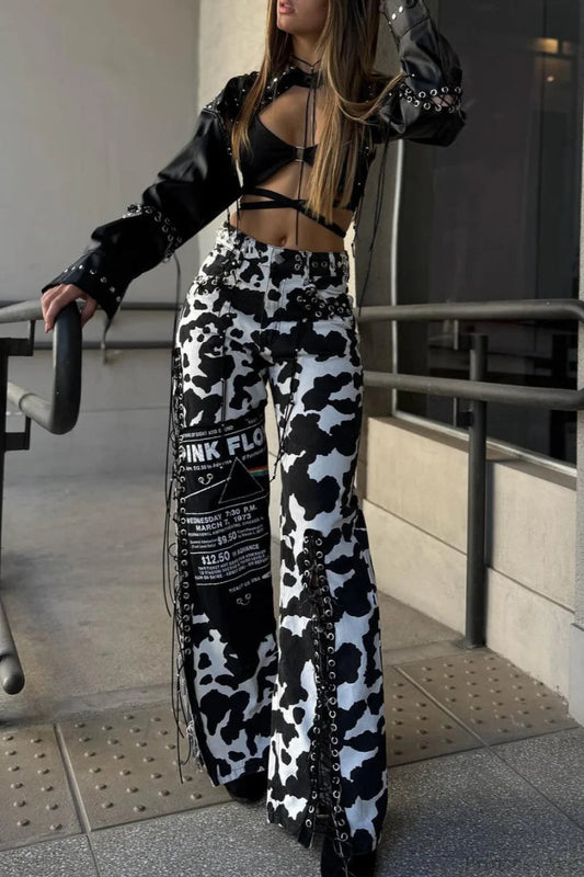 High Waist Slim Milk Print Tassel Rivet Denim Pants
